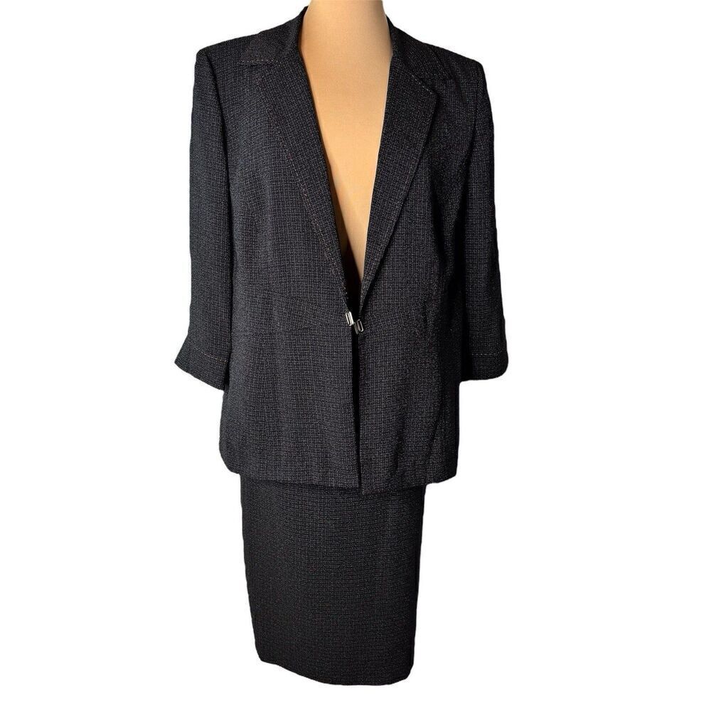 Plaza South Sz 14W BEAUTIFUL Jacket Skirt Suit Midi Elegant Casual Black Gray